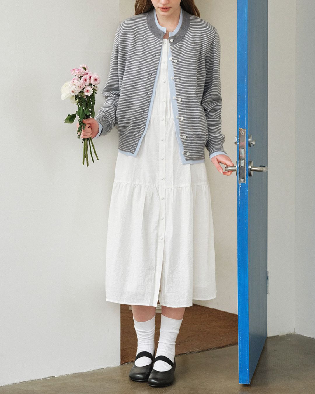 Fake Layered Fine Border Knit Cardigan　KN099