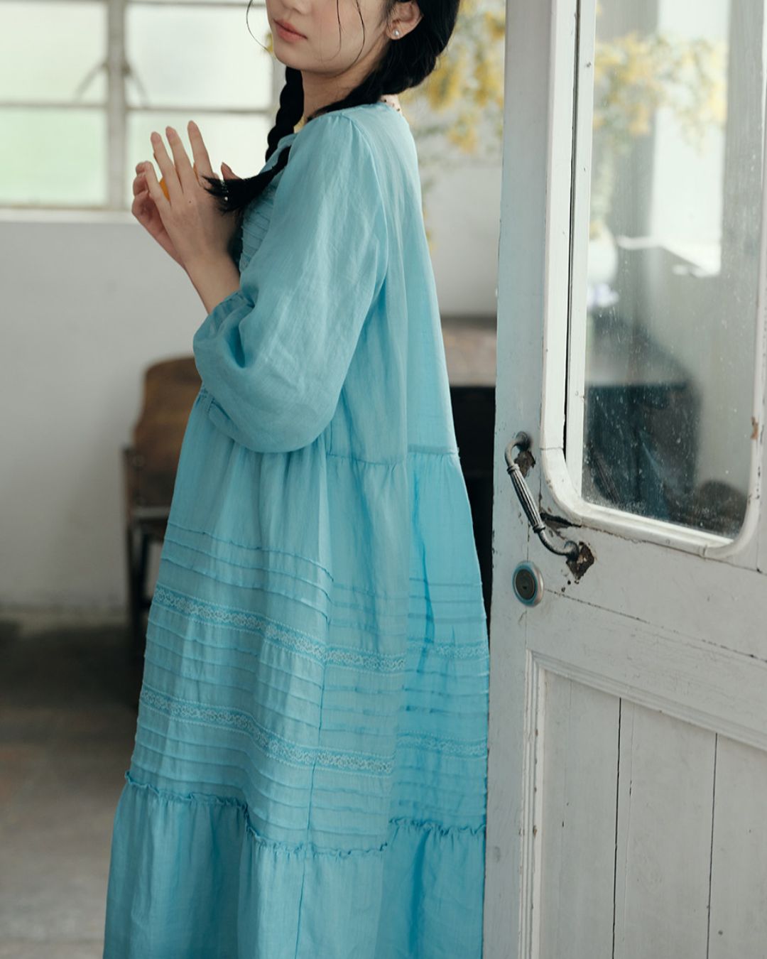 Round Neck 3/4 Sleeve Ramie Dress　OP004