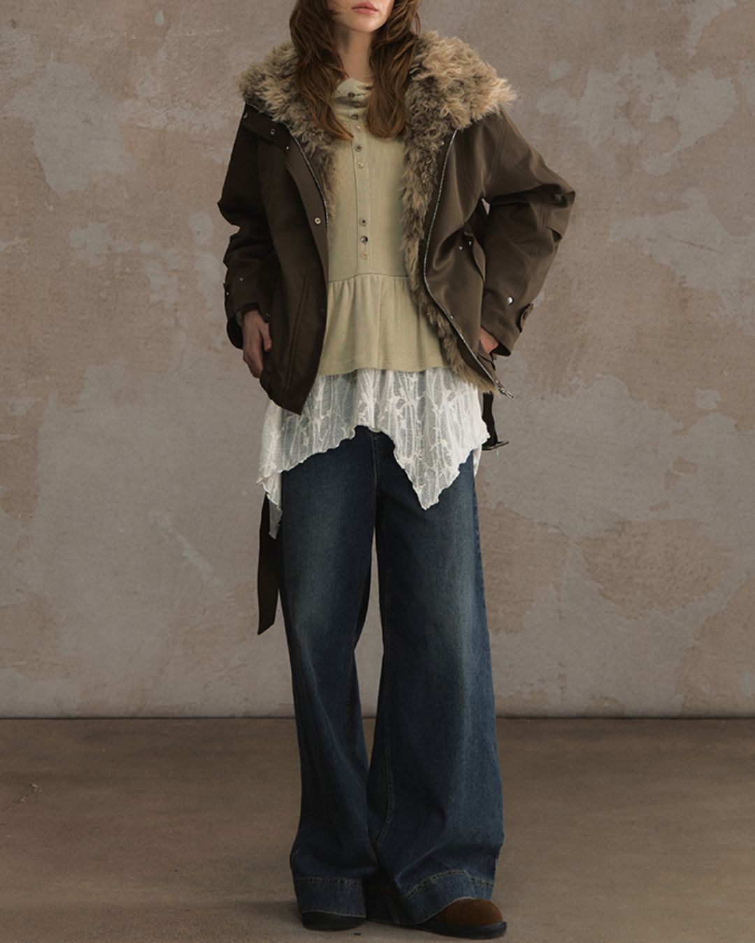 Belted Fur-lined Twill Jacket　JK064