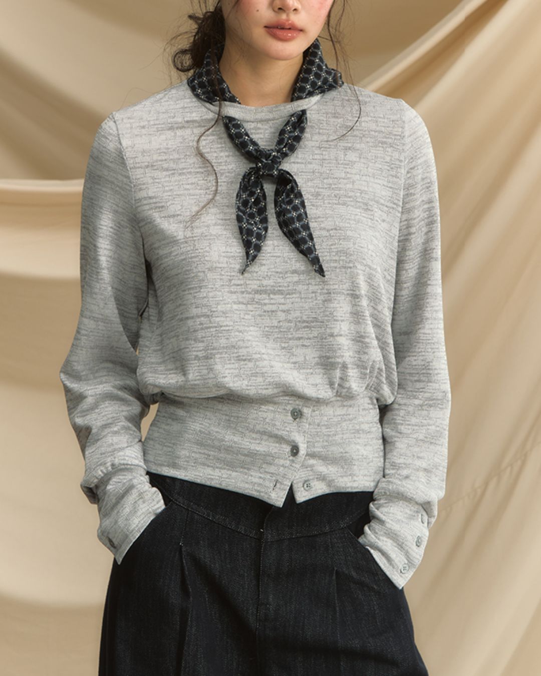 Checkered Scarf Buttoned Top　LT005