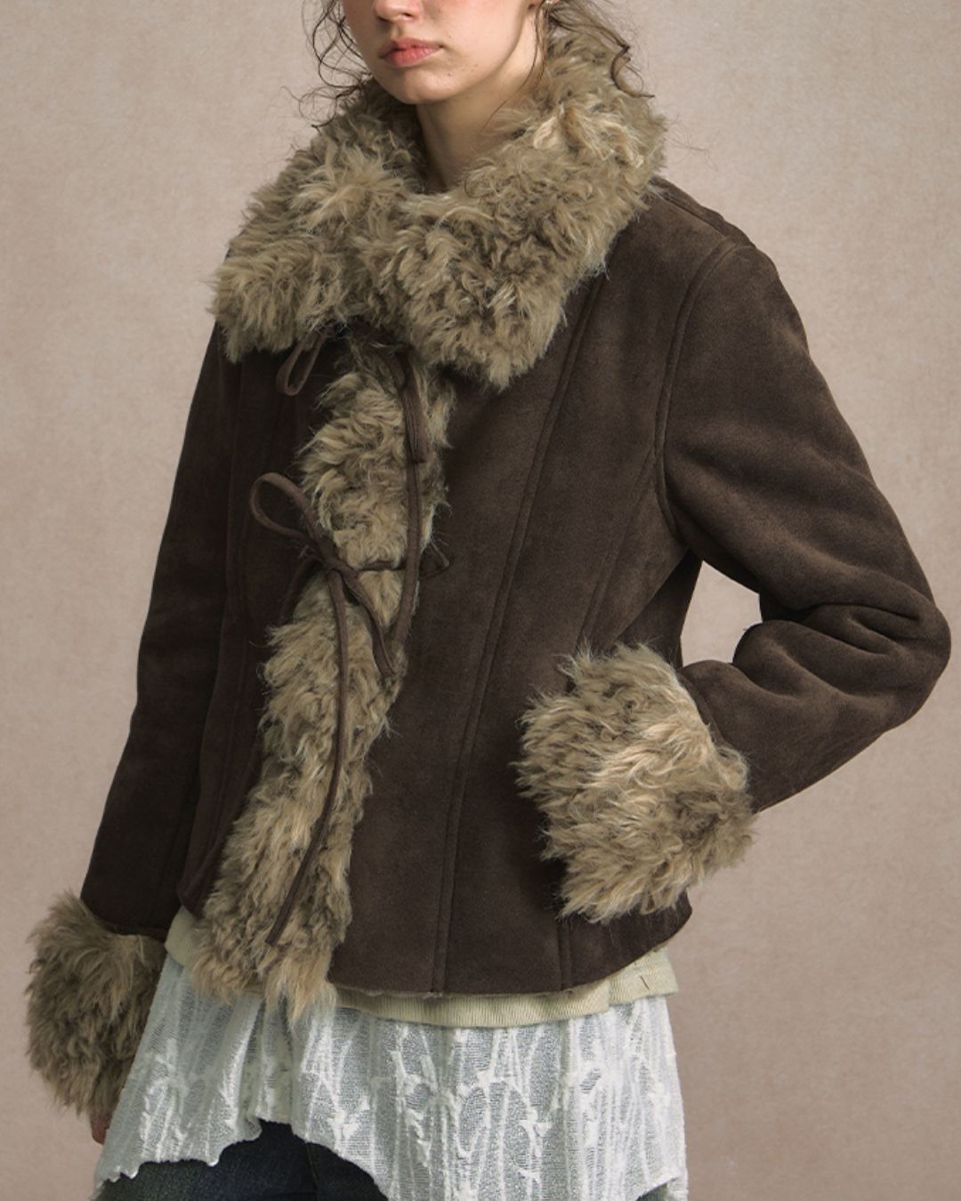 Ribbon-tied Fur Suede Jacket　JK066