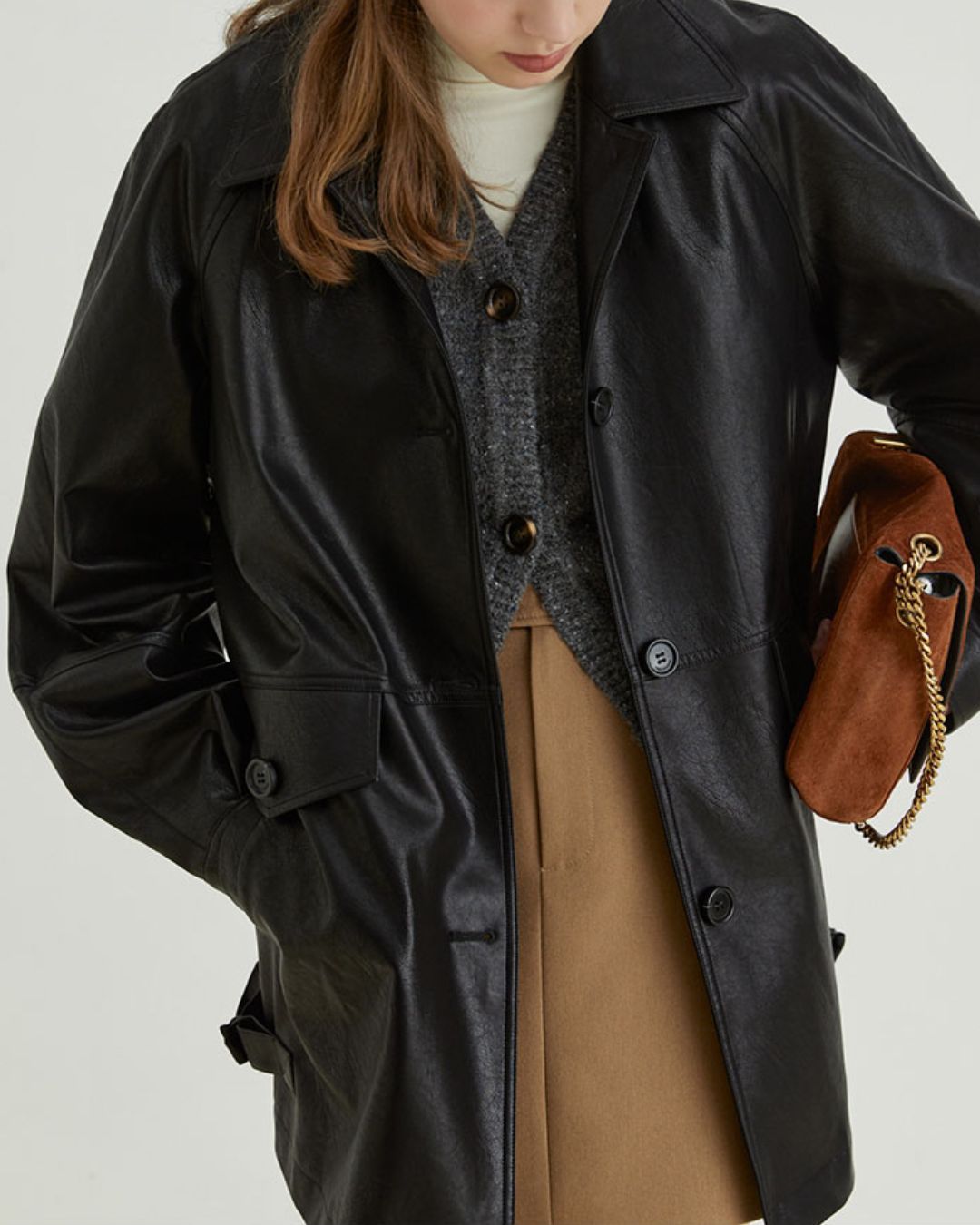 Mid-length Collared Leather Jacket　JK036