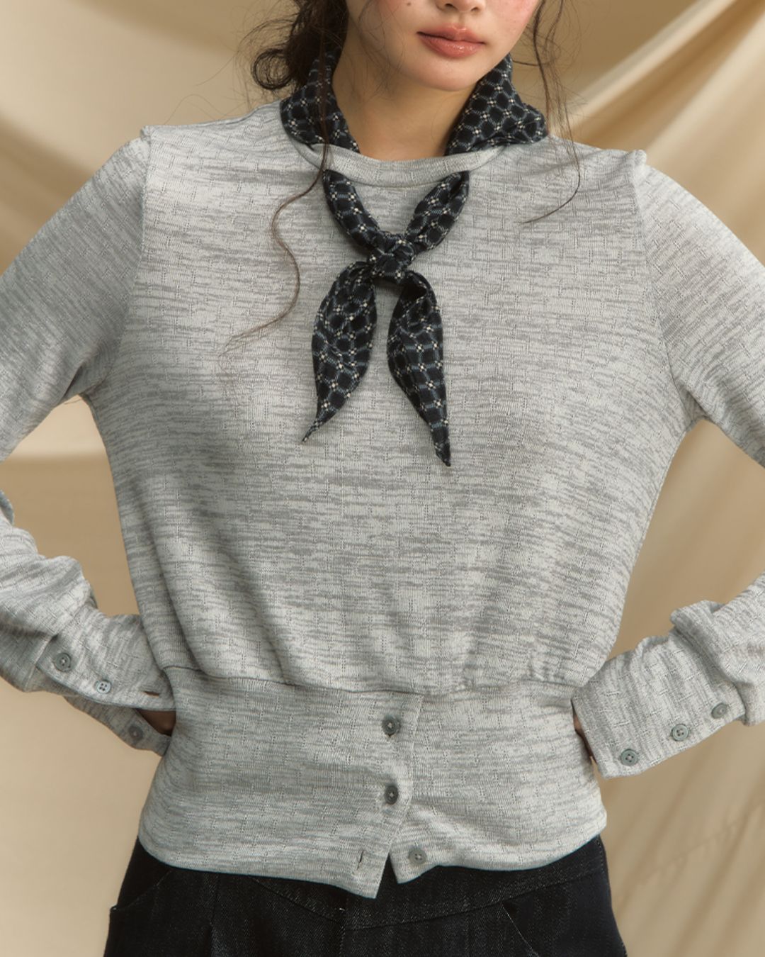 Checkered Scarf Buttoned Top　LT005