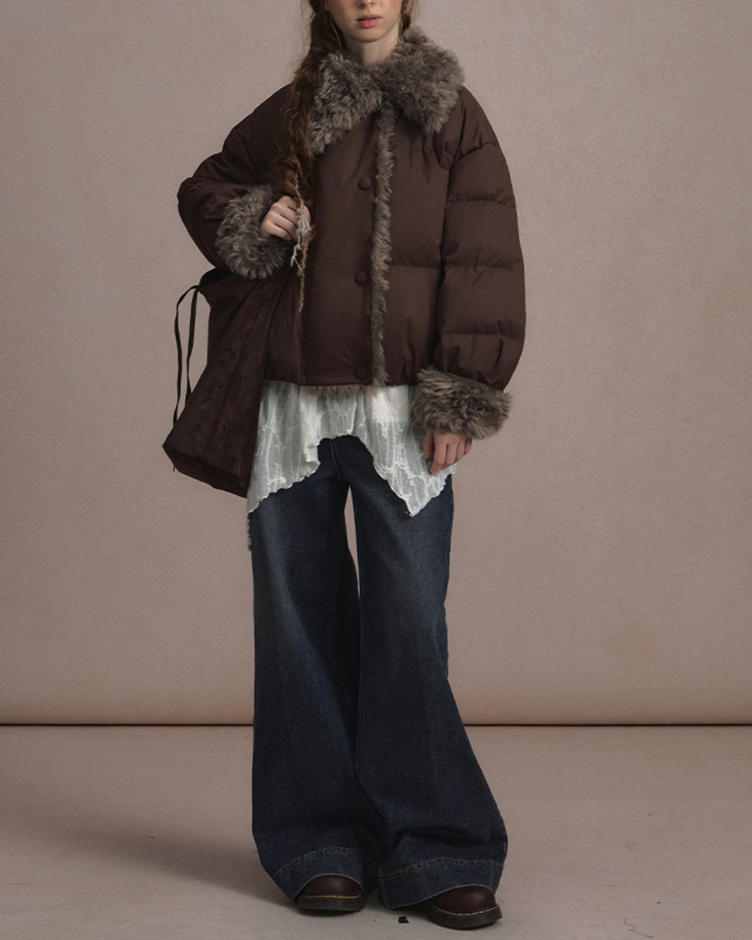 Asymmetrical Fur Short Down Jacket　JK065