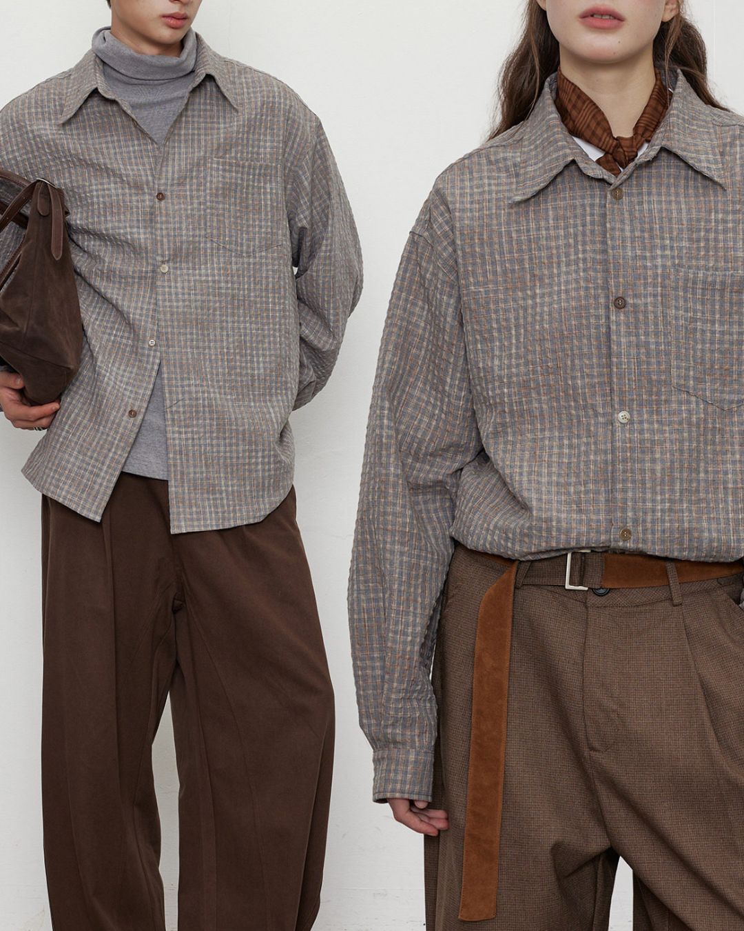 Gradient Button Gray-brown Check Shirt　LS048