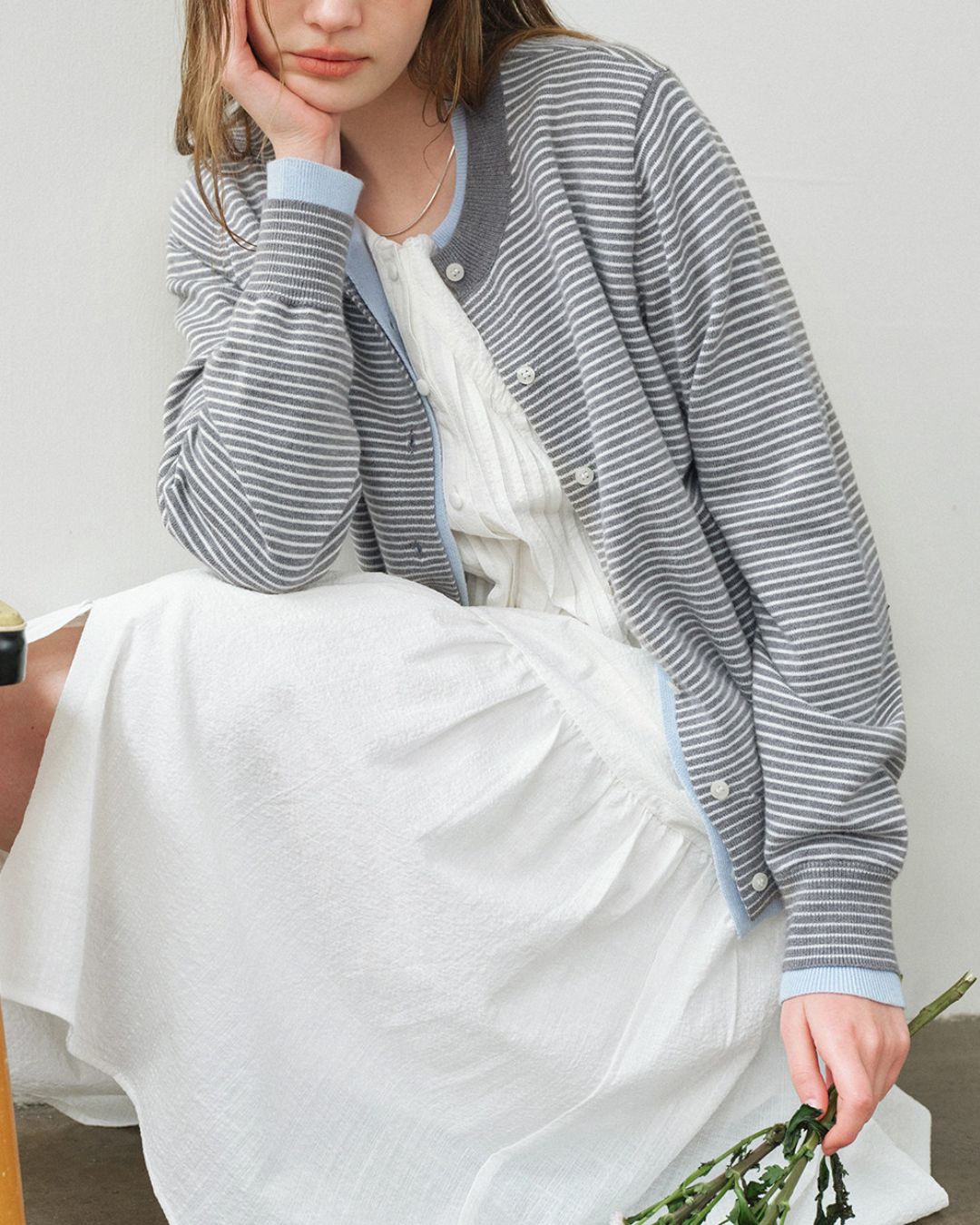 Fake Layered Fine Border Knit Cardigan　KN099