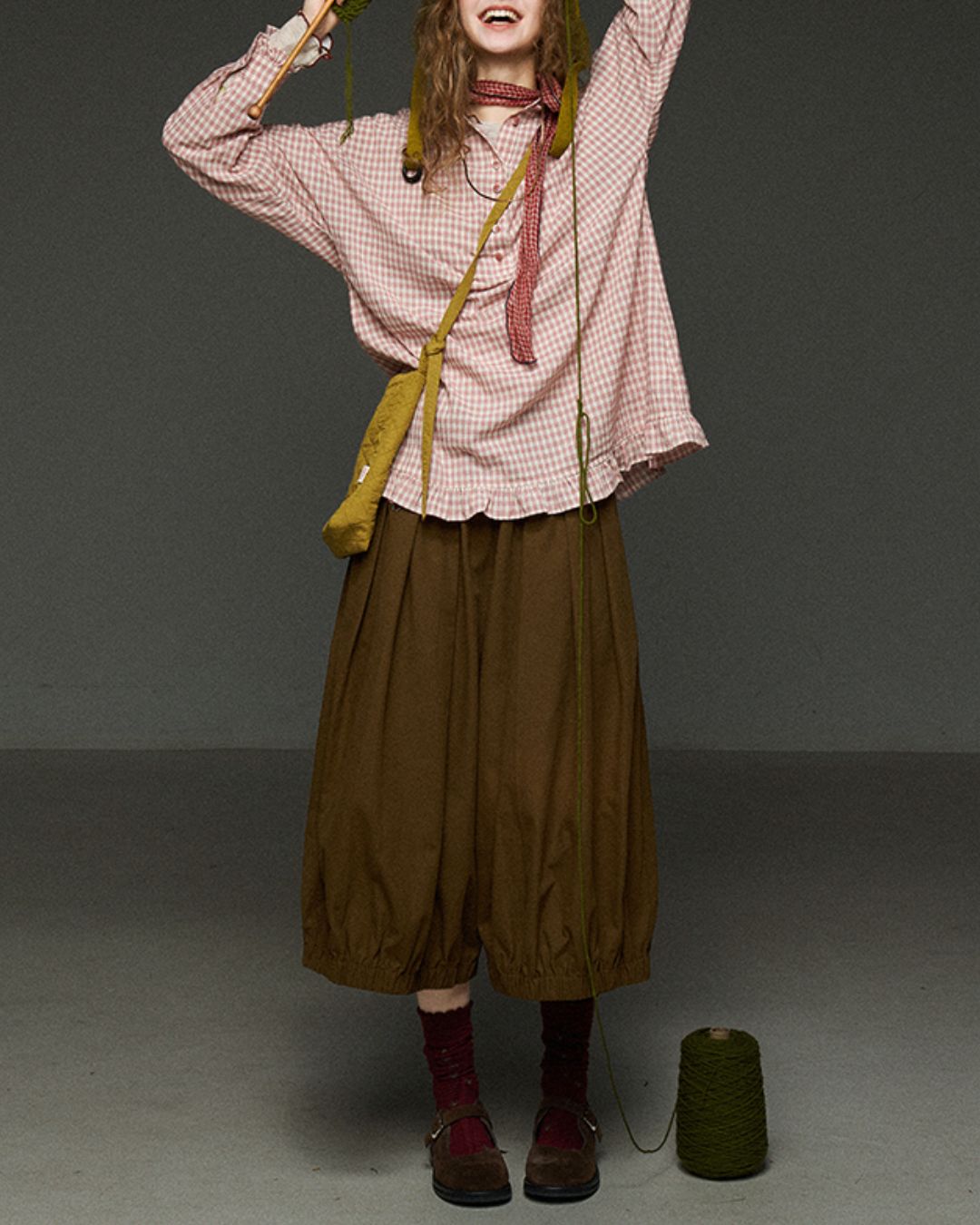 Pink Checked Ruffle Shirt　LS027