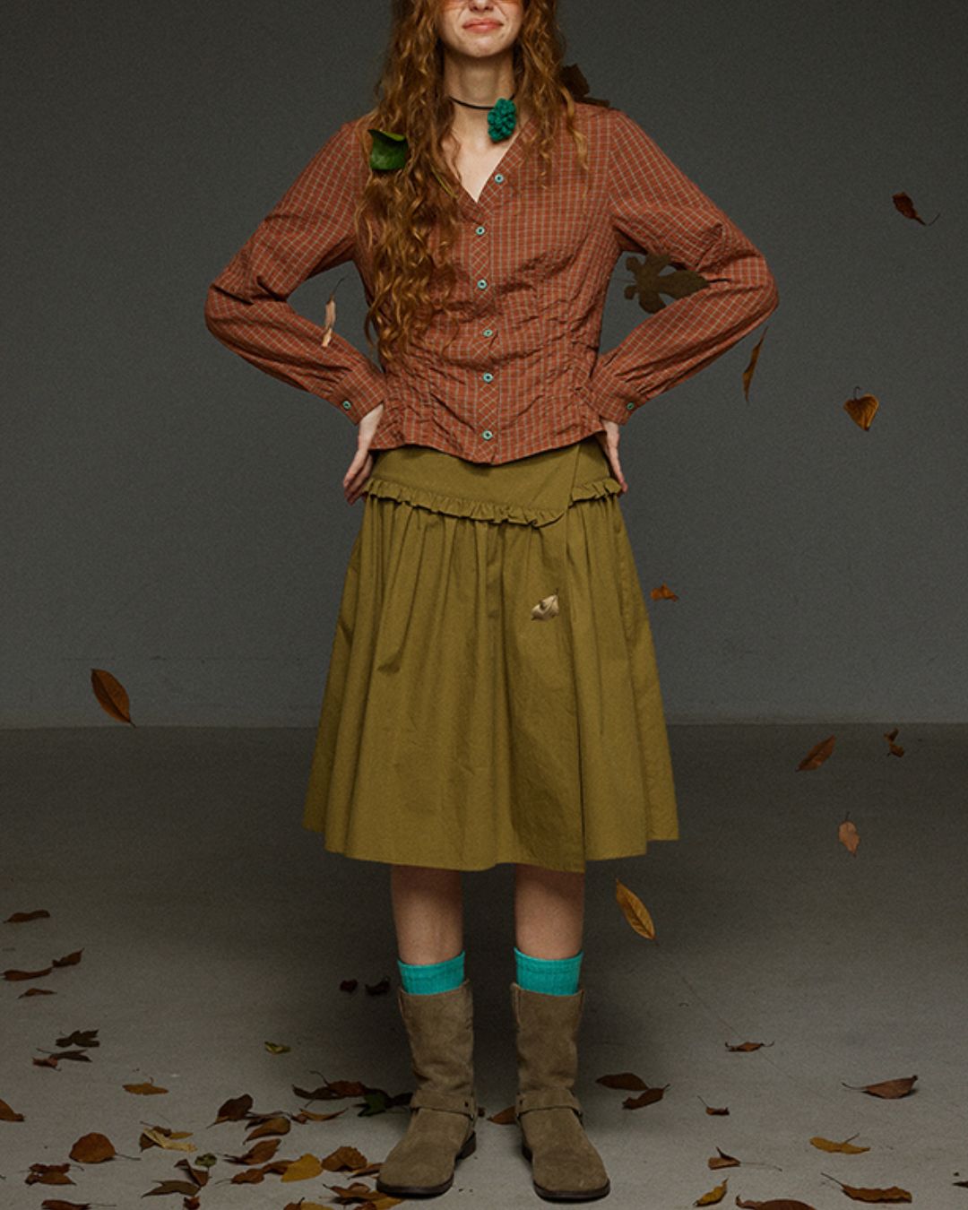 Check V-neck Shirred Shirt　LS028