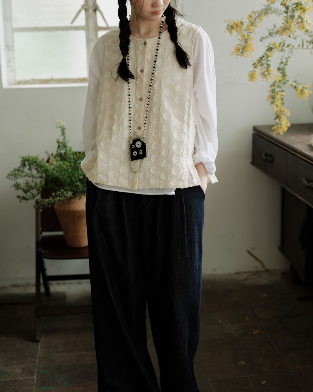 Cotton Linen Jacquard Peplum Vest　VT017