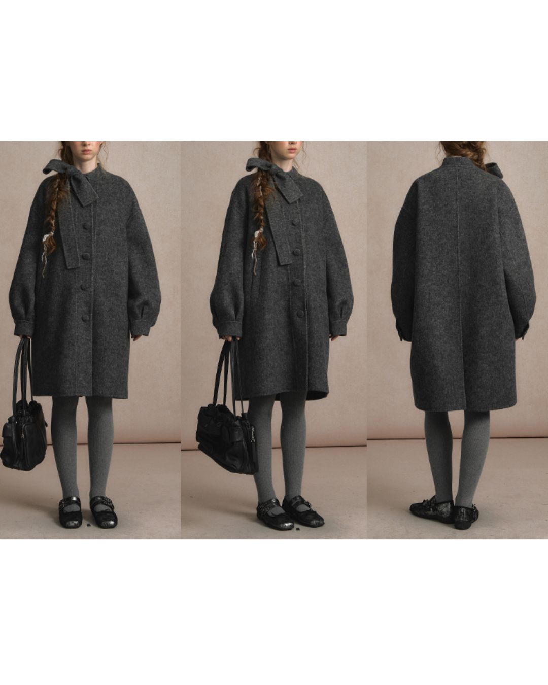 Bow-tied Pleated Cuff Wool Coat　CT026