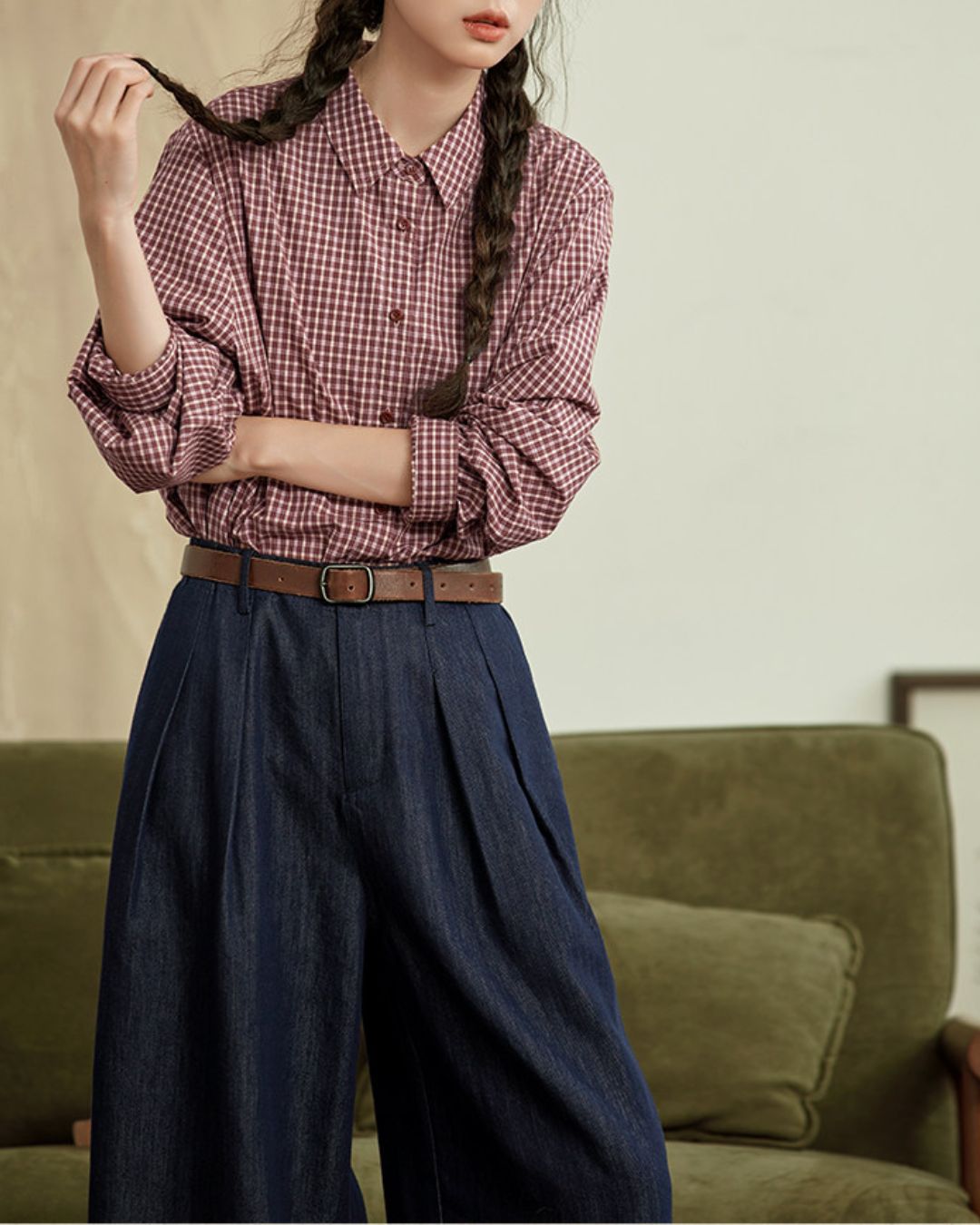 Red Cotton Checked Shirt　LS040