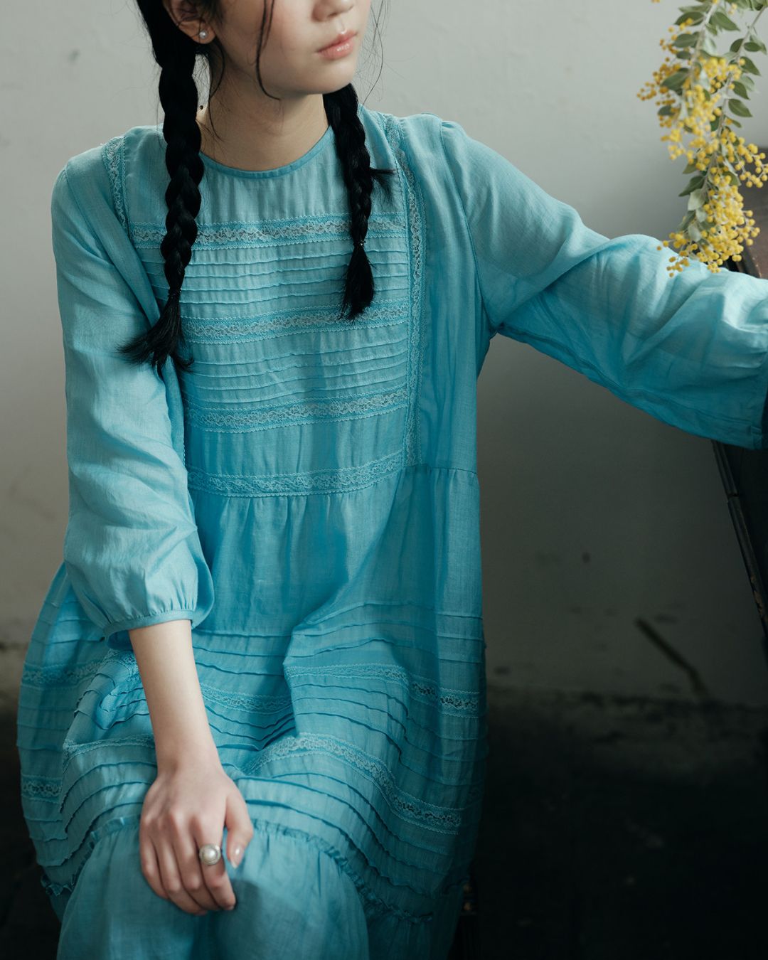 Round Neck 3/4 Sleeve Ramie Dress　OP004