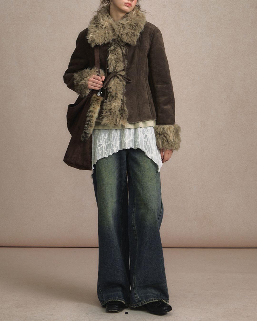 Ribbon-tied Fur Suede Jacket　JK066