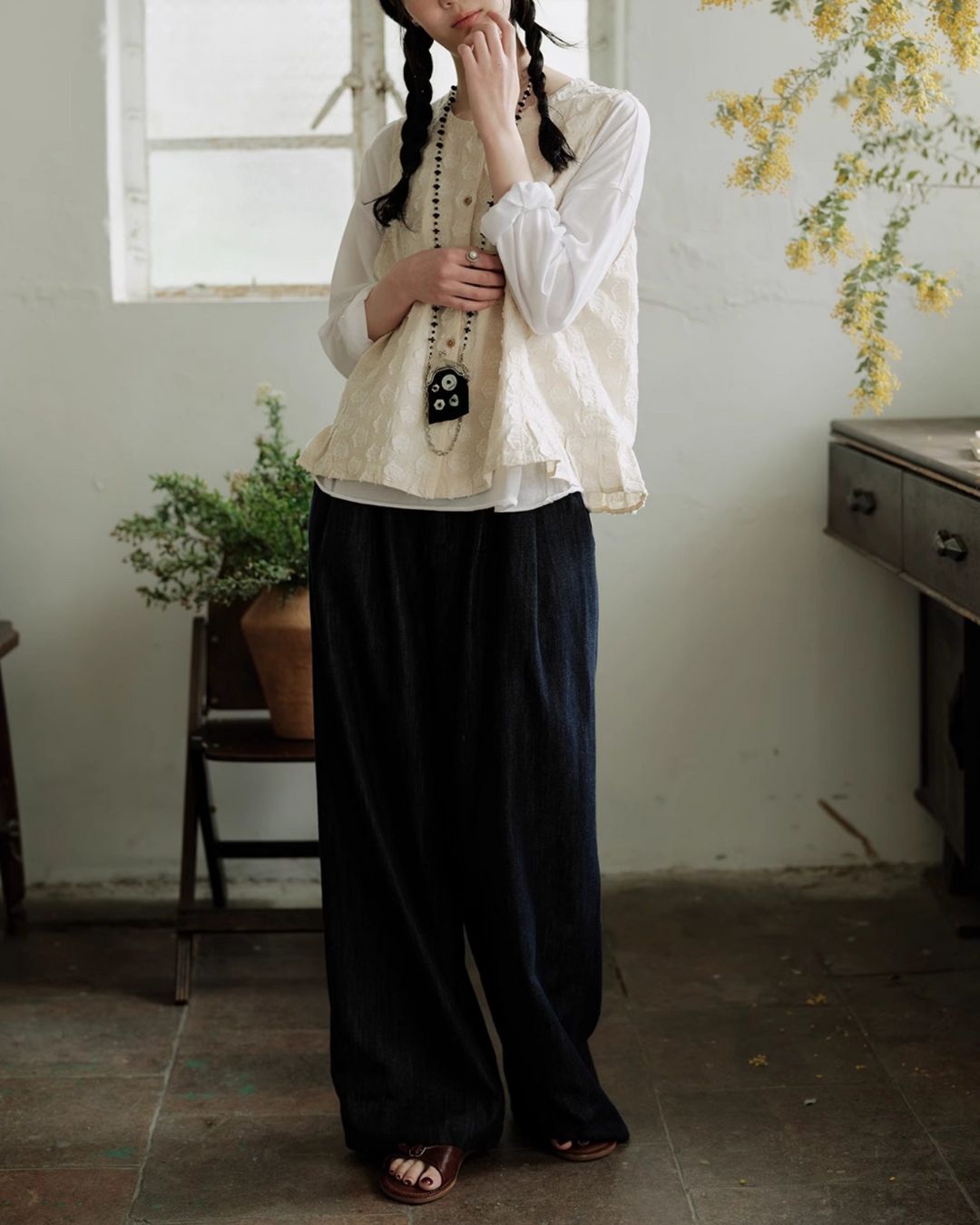 Cotton Linen Jacquard Peplum Vest　VT017