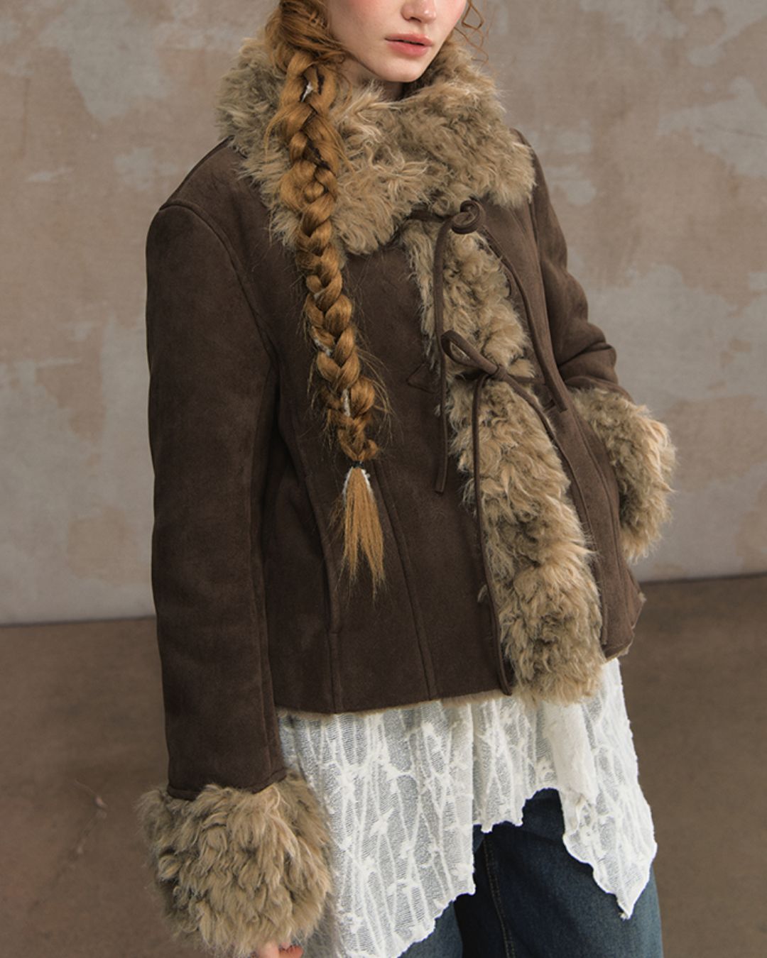 Ribbon-tied Fur Suede Jacket　JK066