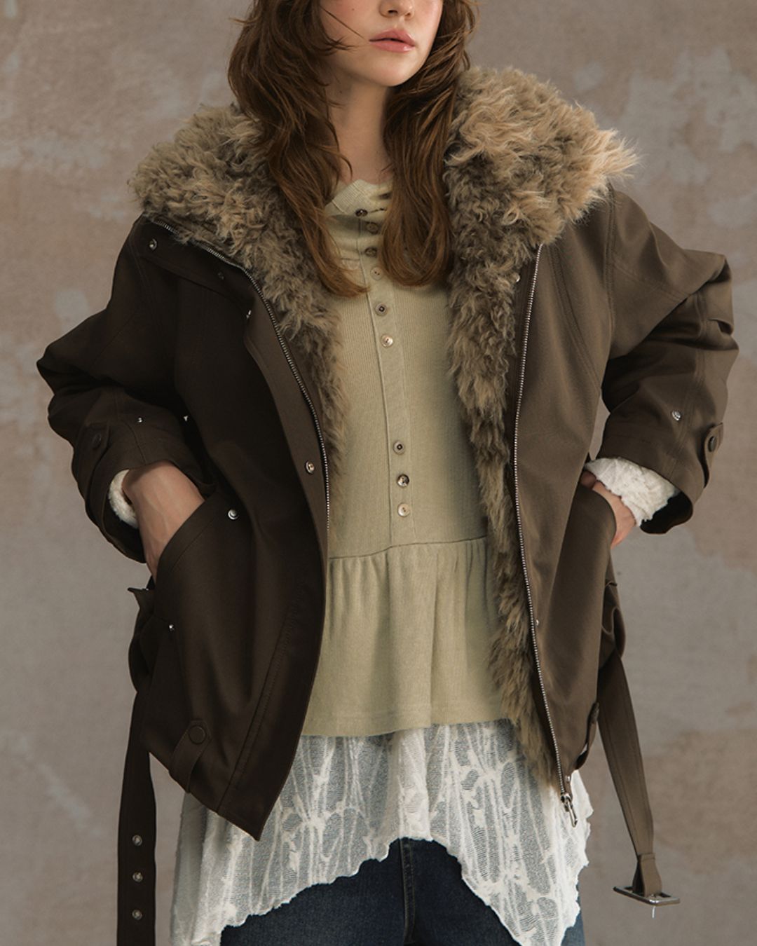 Belted Fur-lined Twill Jacket　JK064