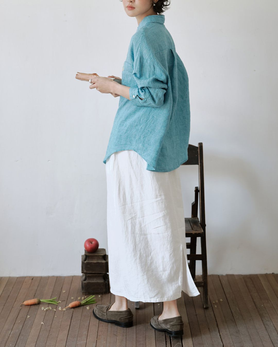 Drop Shoulder Striped Linen Shirt　LS042