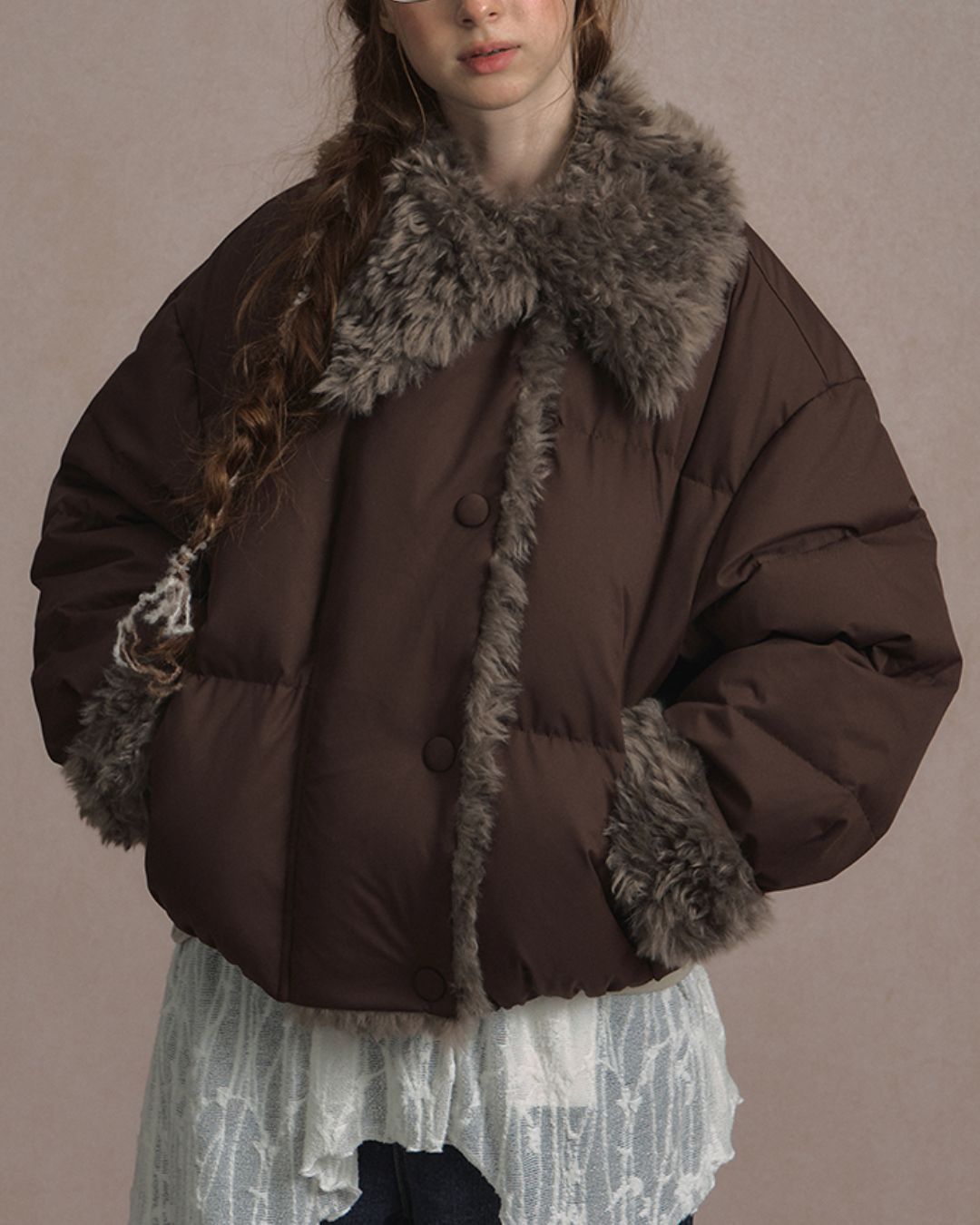 Asymmetrical Fur Short Down Jacket　JK065