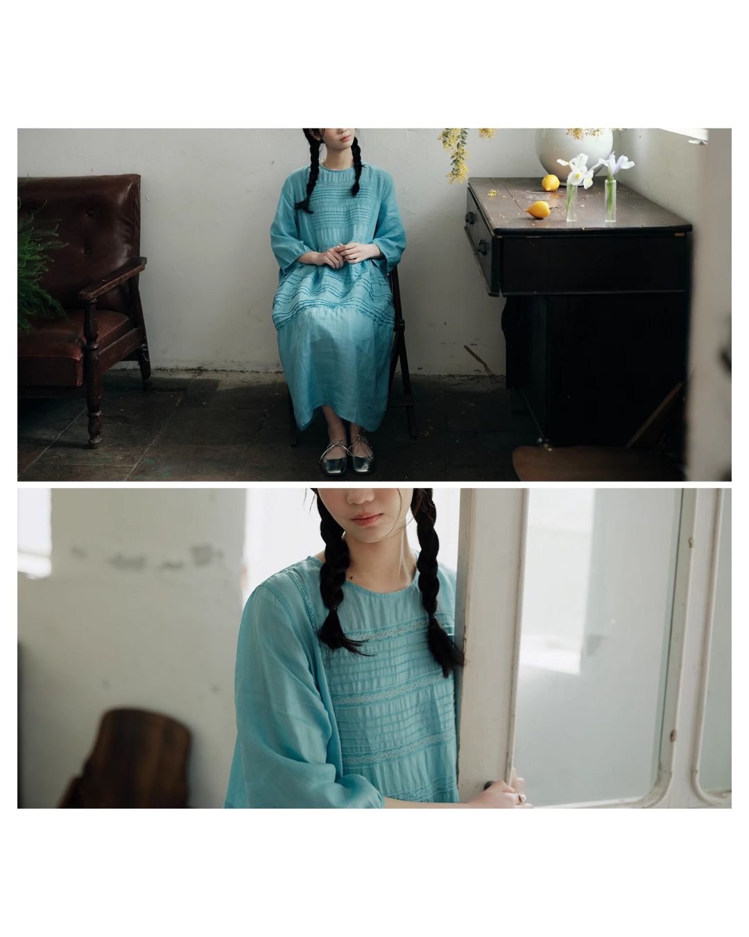 Round Neck 3/4 Sleeve Ramie Dress　OP004