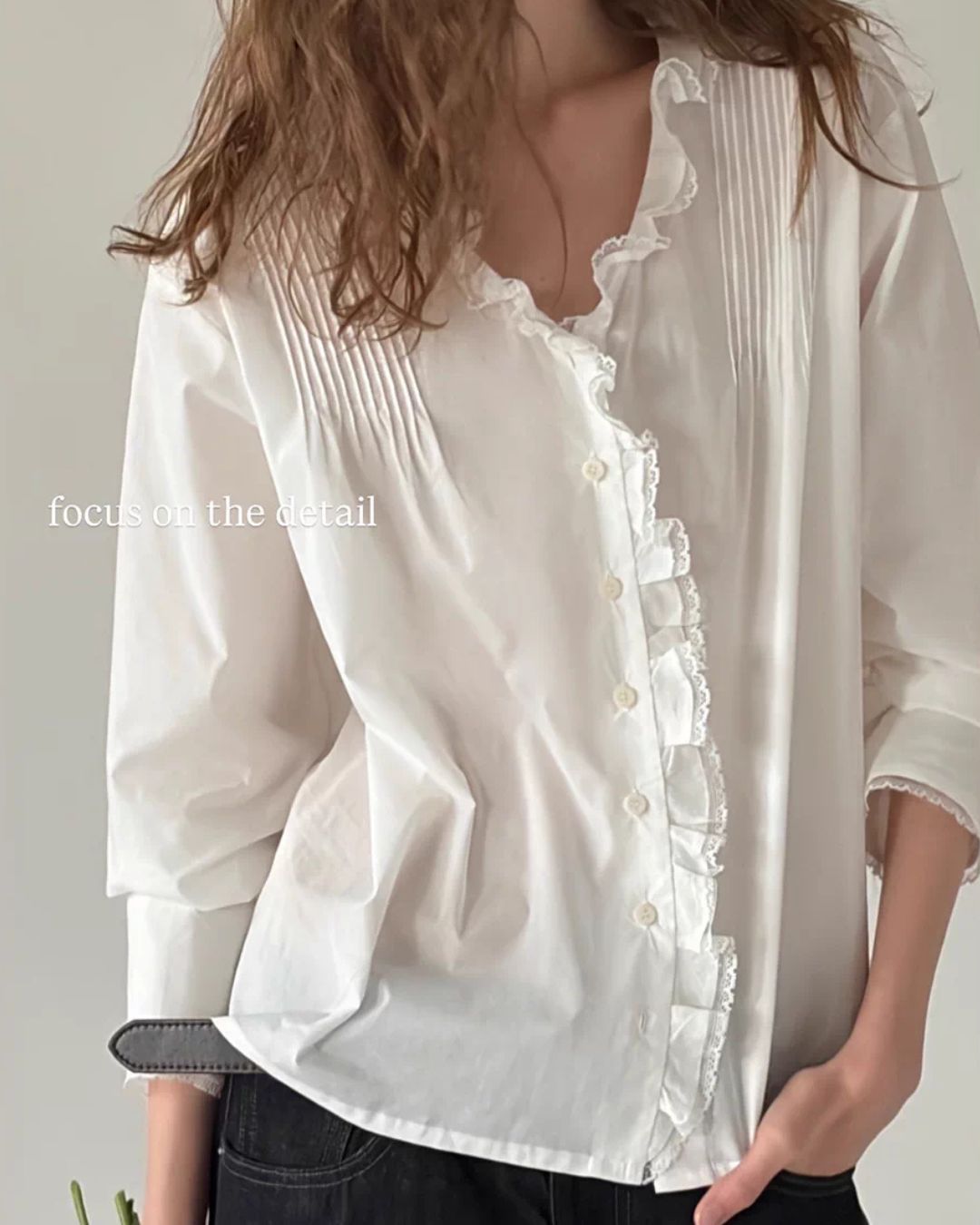 Frilled V-neck Lace Embroidered Shirt　LS067