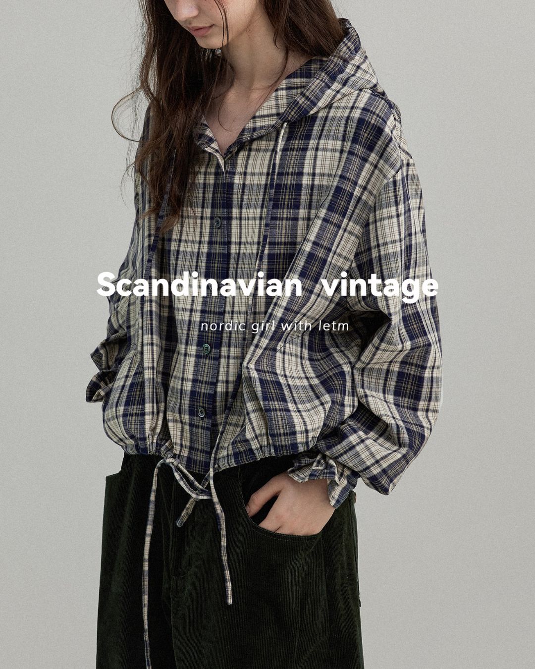 Hooded Drawstring Checked Shirt　LS018