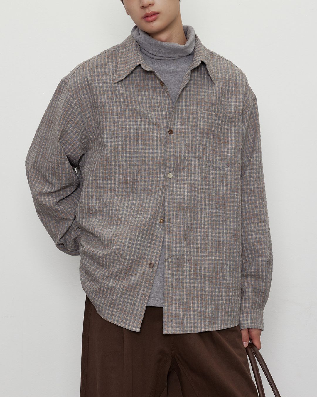 Gradient Button Gray-brown Check Shirt　LS048