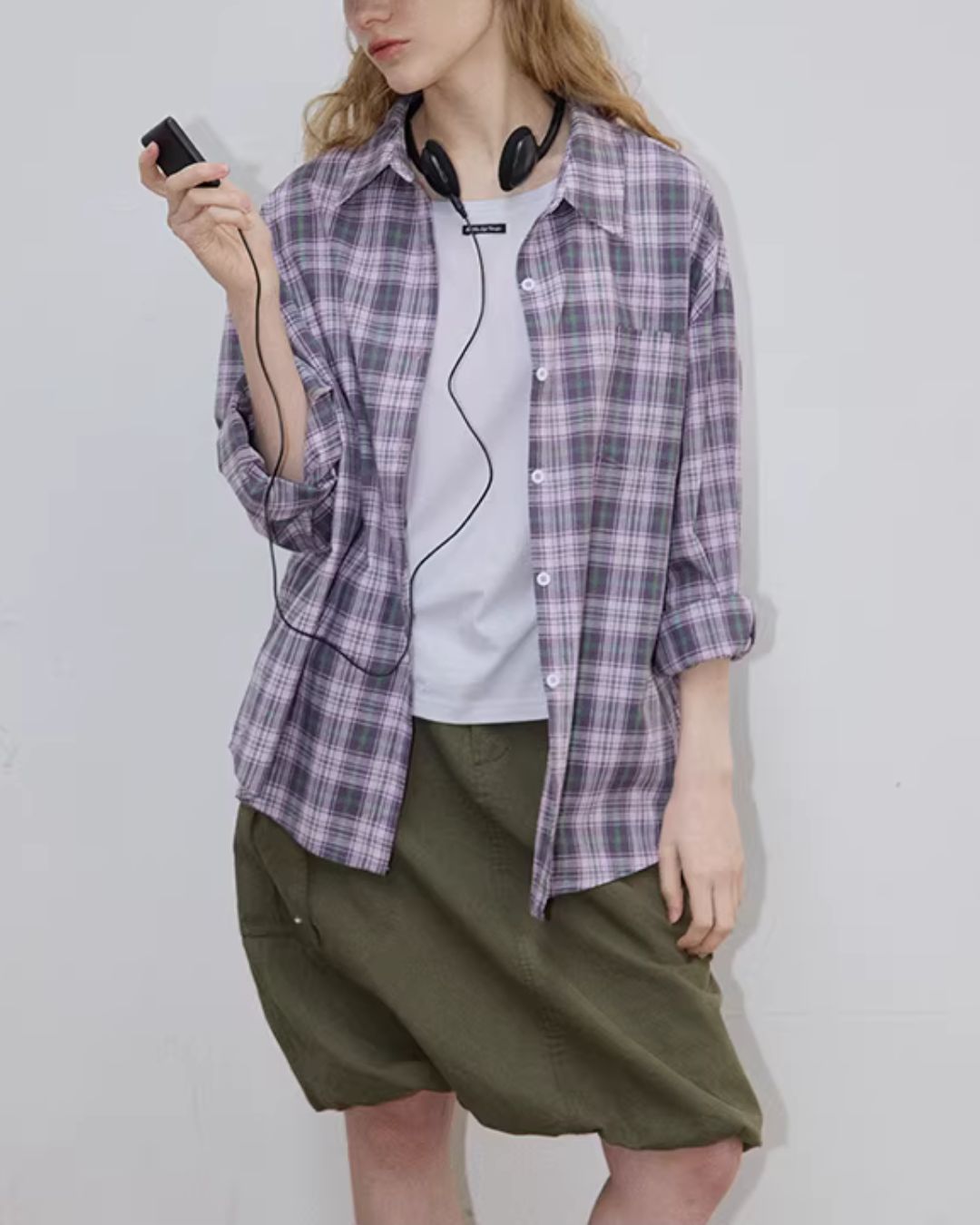 Light Purple Relaxed Check Shirt　LS069