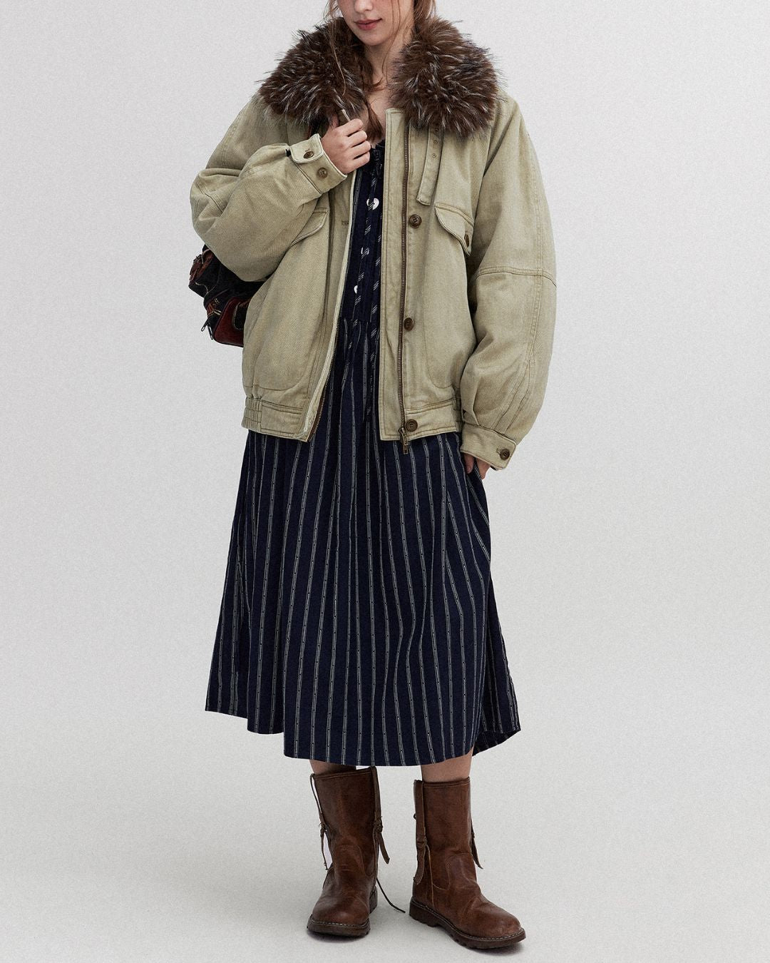 Fur Collar Padded Denim Jacket　JK058