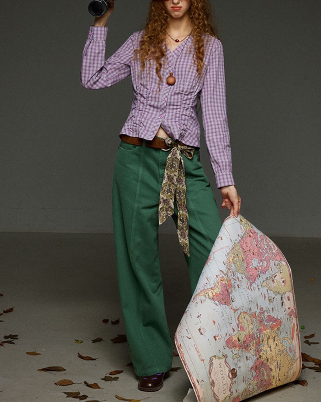 Check V-neck Shirred Shirt　LS028