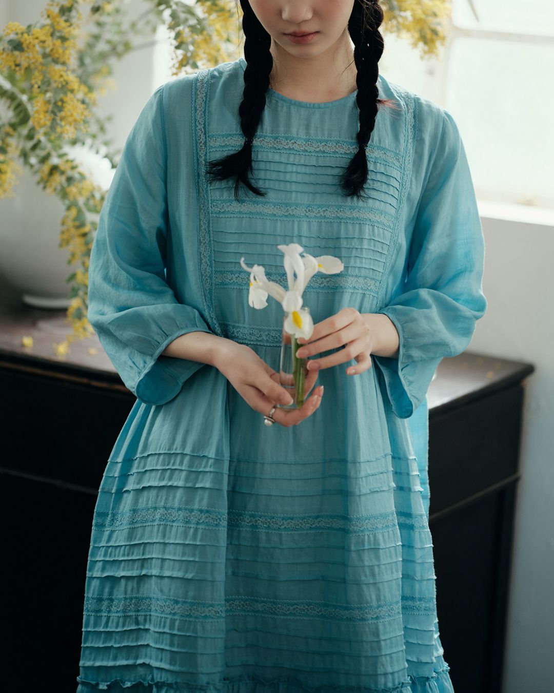 Round Neck 3/4 Sleeve Ramie Dress　OP004