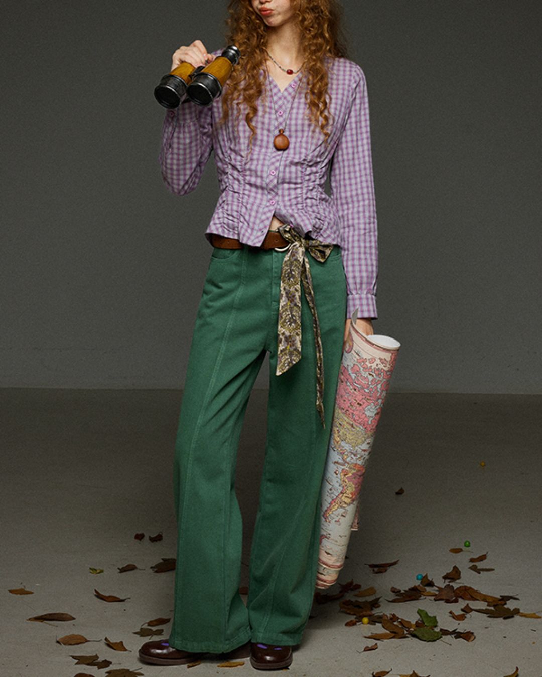 Check V-neck Shirred Shirt　LS028