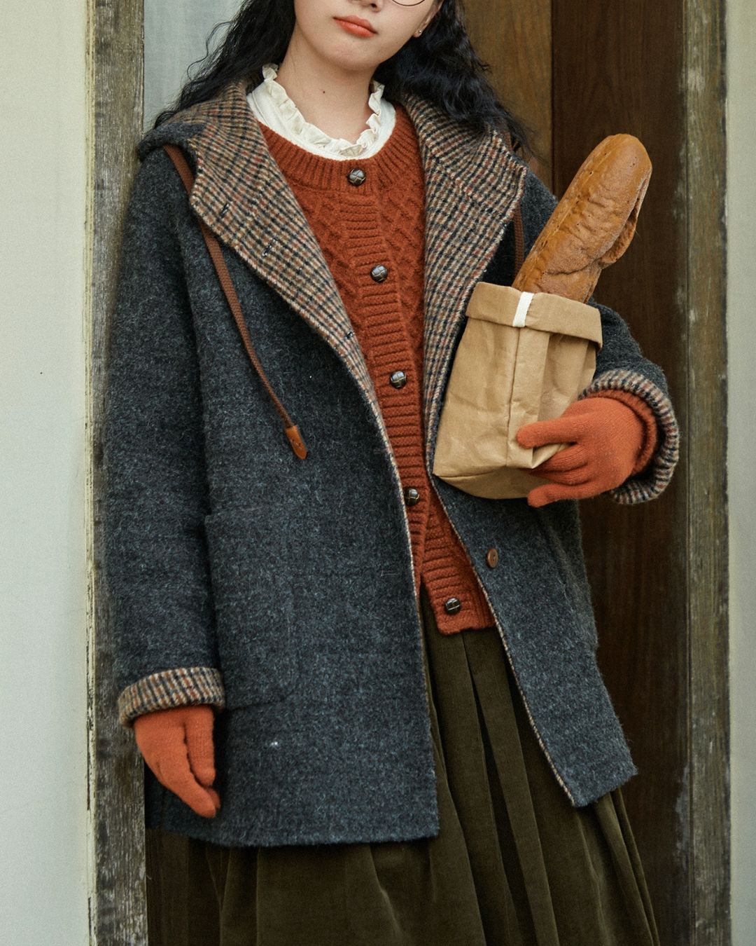 Checked Lined Wool Hooded Coat　CT017