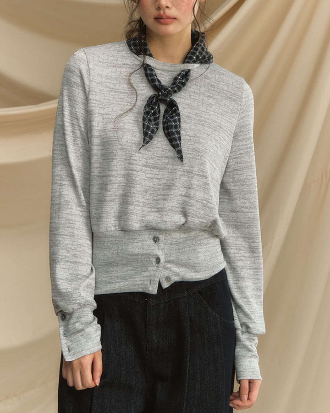 Checkered Scarf Buttoned Top　LT005