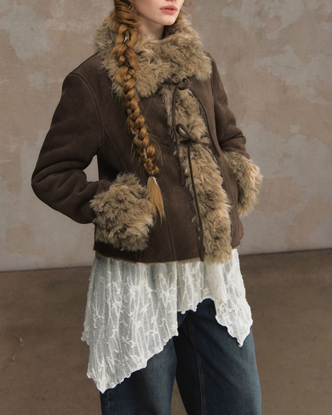 Ribbon-tied Fur Suede Jacket　JK066