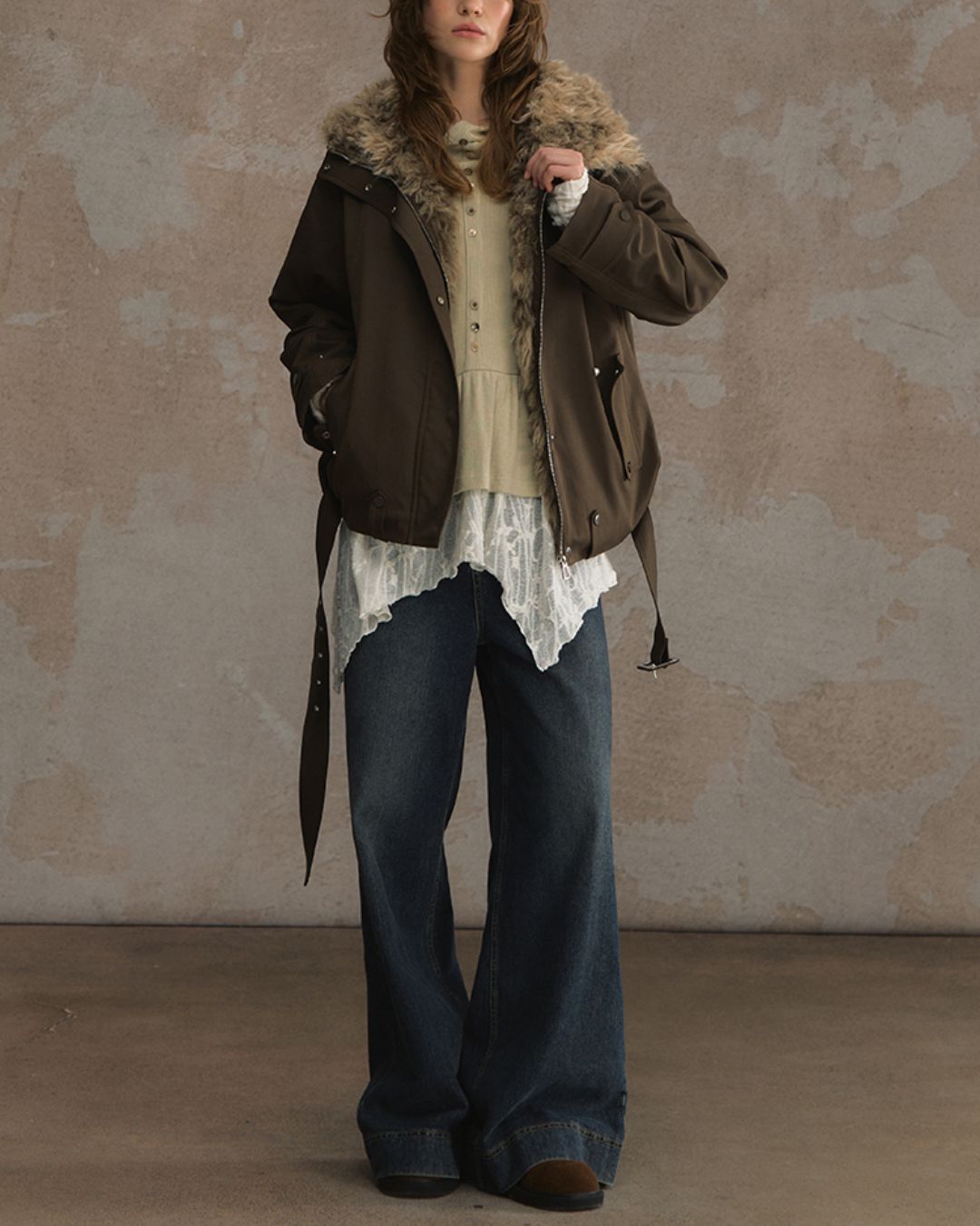 Belted Fur-lined Twill Jacket　JK064