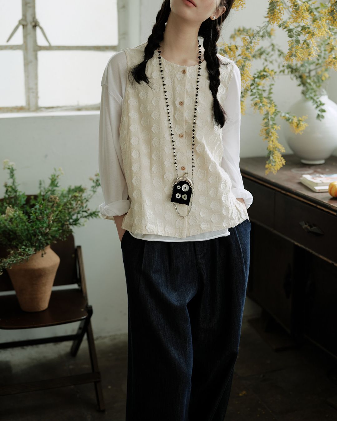 Cotton Linen Jacquard Peplum Vest　VT017