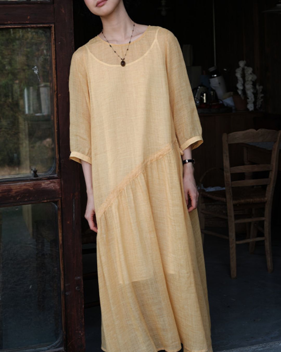 Ramie Drawstring A-Line Dress　OP005