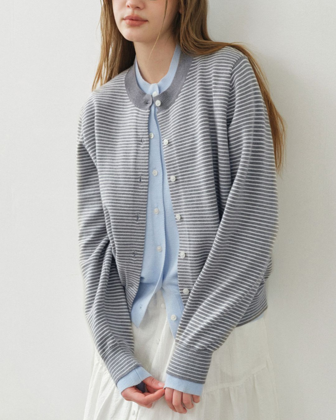 Fake Layered Fine Border Knit Cardigan　KN099