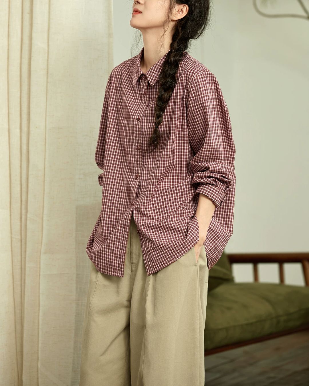 Red Cotton Checked Shirt　LS040