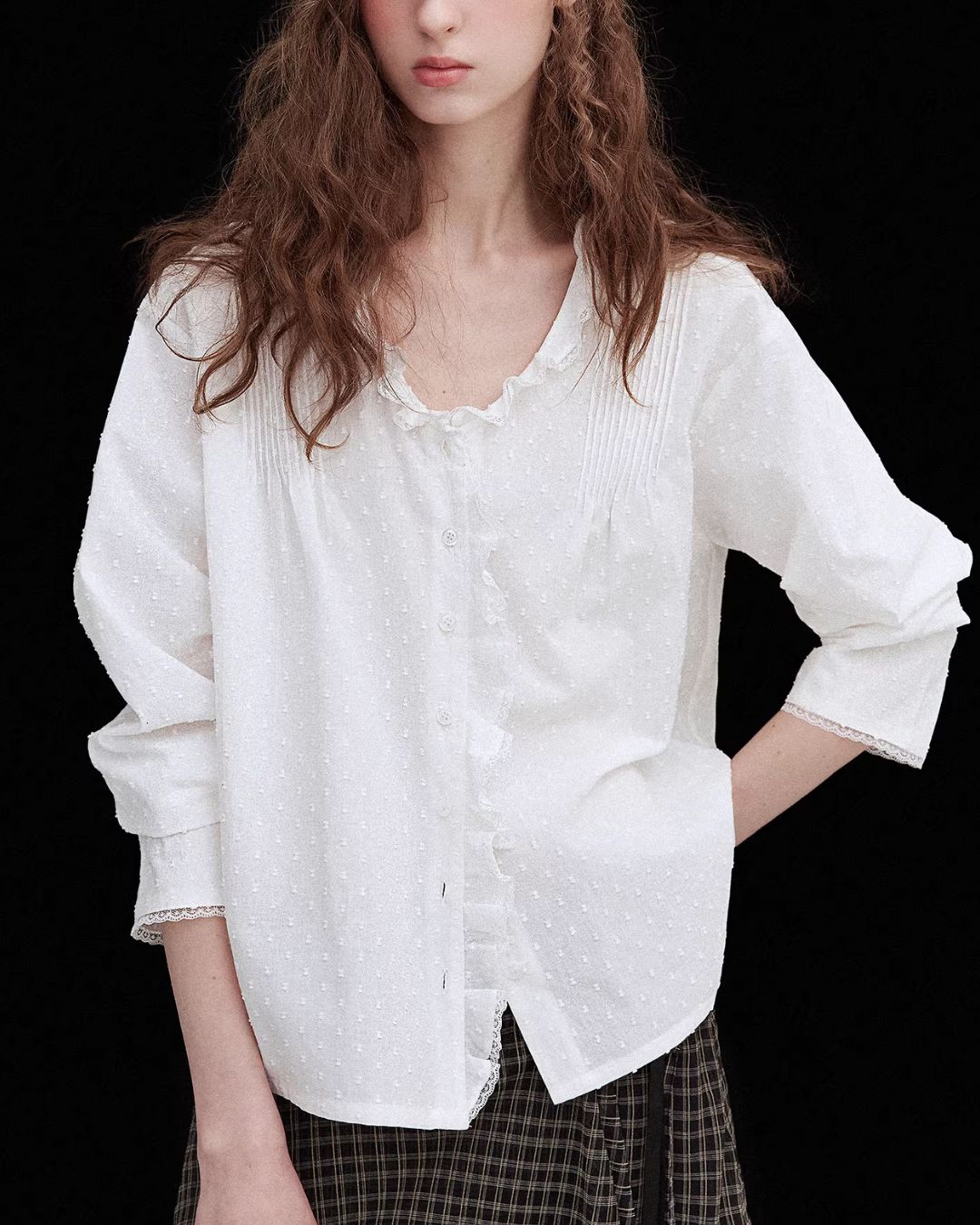 Frilled V-neck Lace Embroidered Shirt　LS067
