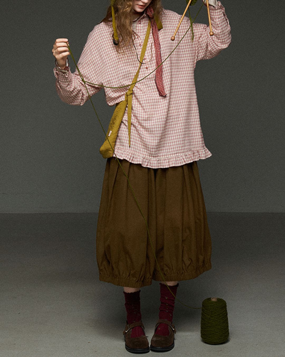 Pink Checked Ruffle Shirt　LS027