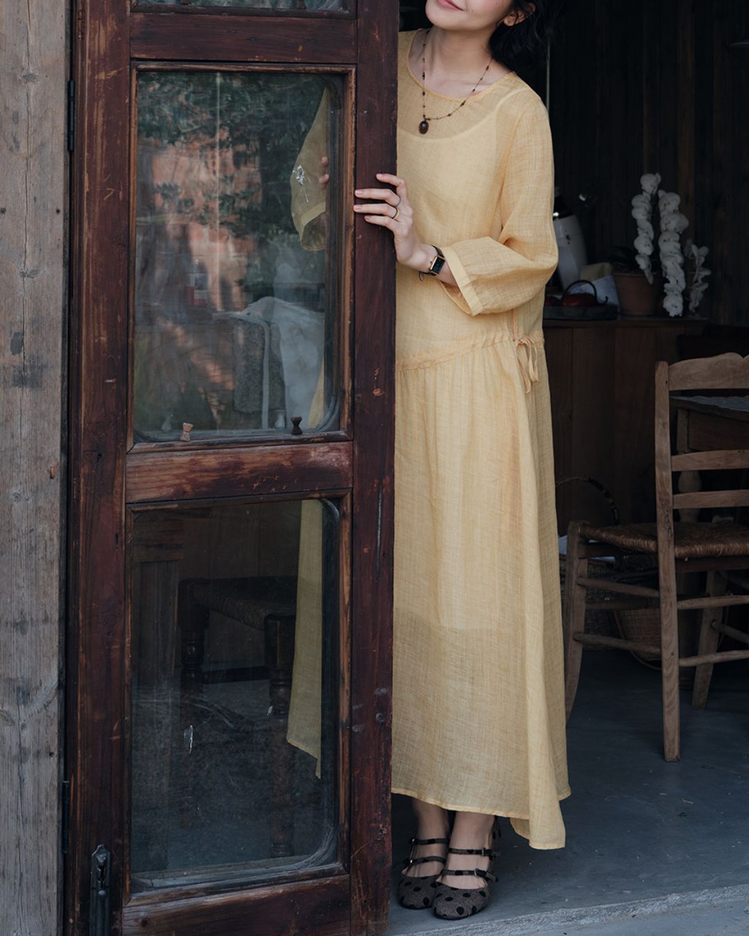 Ramie Drawstring A-Line Dress　OP005