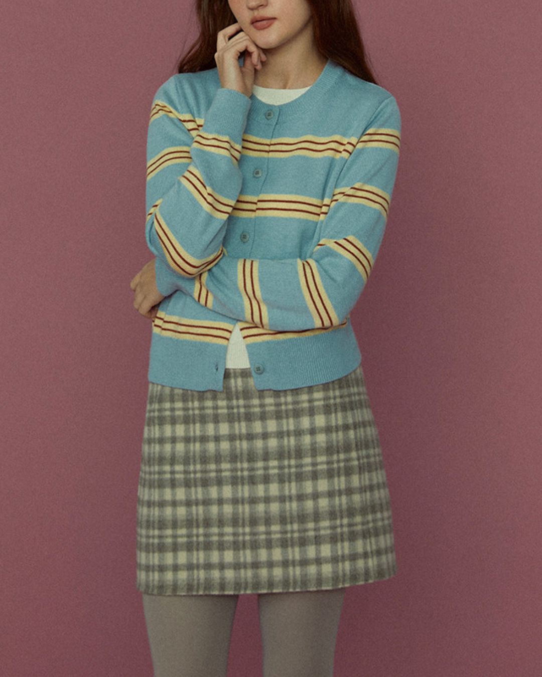 Faux Layered Contrast Border Knit Cardigan　KN096