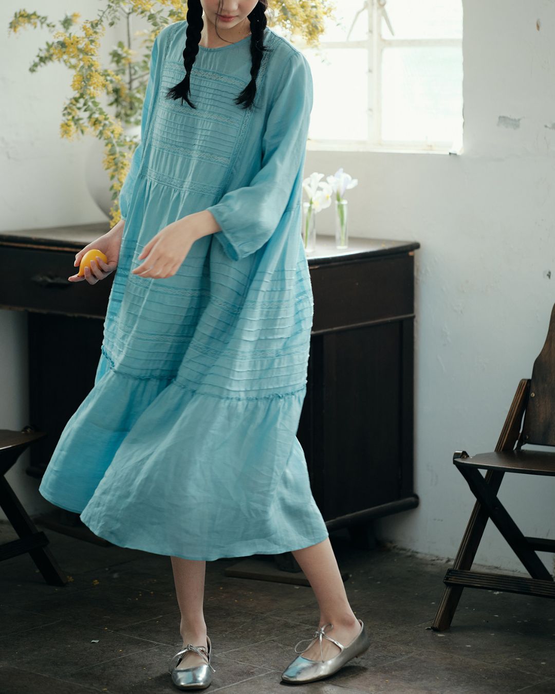 Round Neck 3/4 Sleeve Ramie Dress　OP004