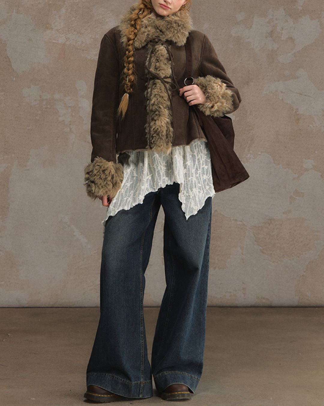 Ribbon-tied Fur Suede Jacket　JK066