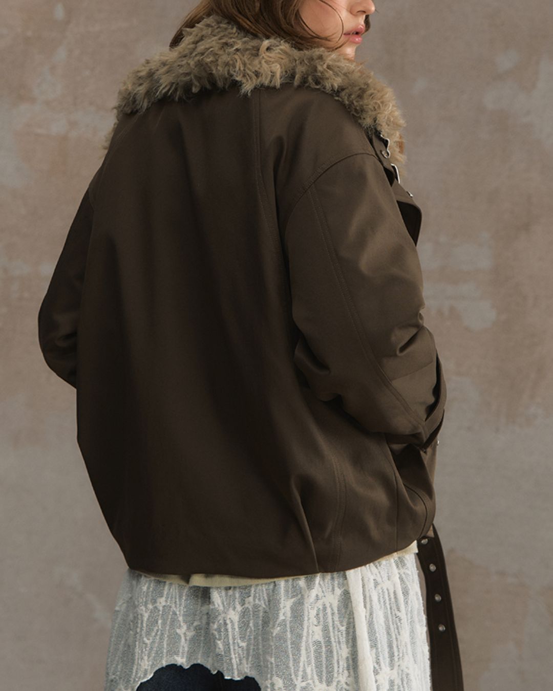 Belted Fur-lined Twill Jacket　JK064