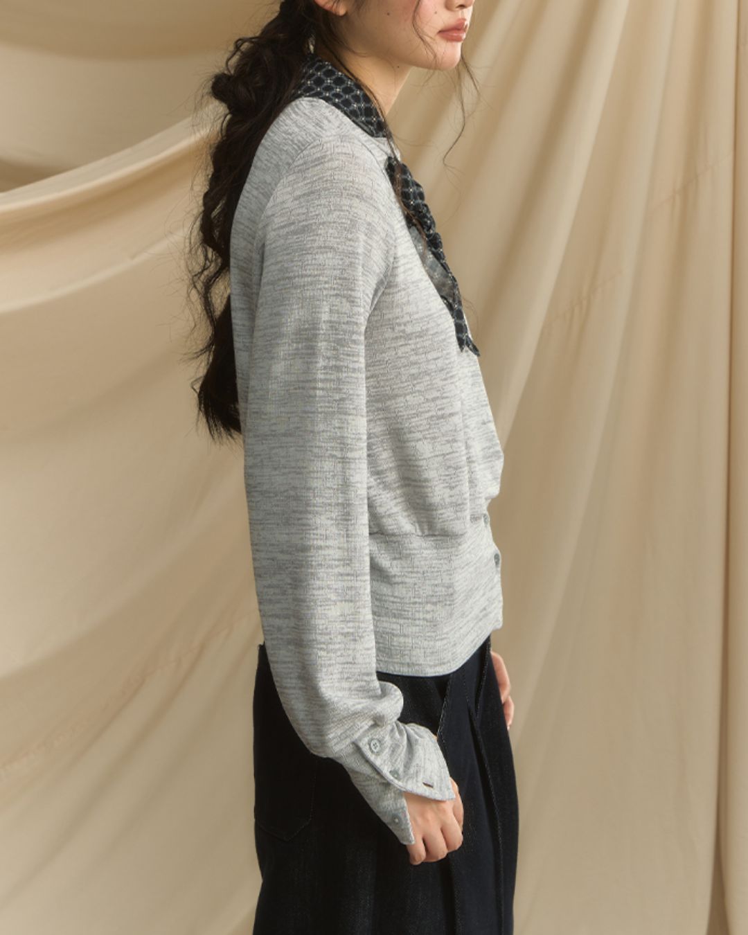 Checkered Scarf Buttoned Top　LT005