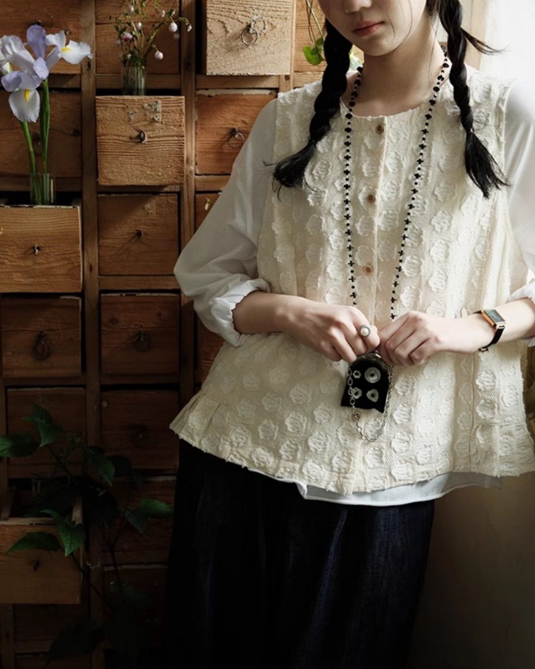 Cotton Linen Jacquard Peplum Vest　VT017