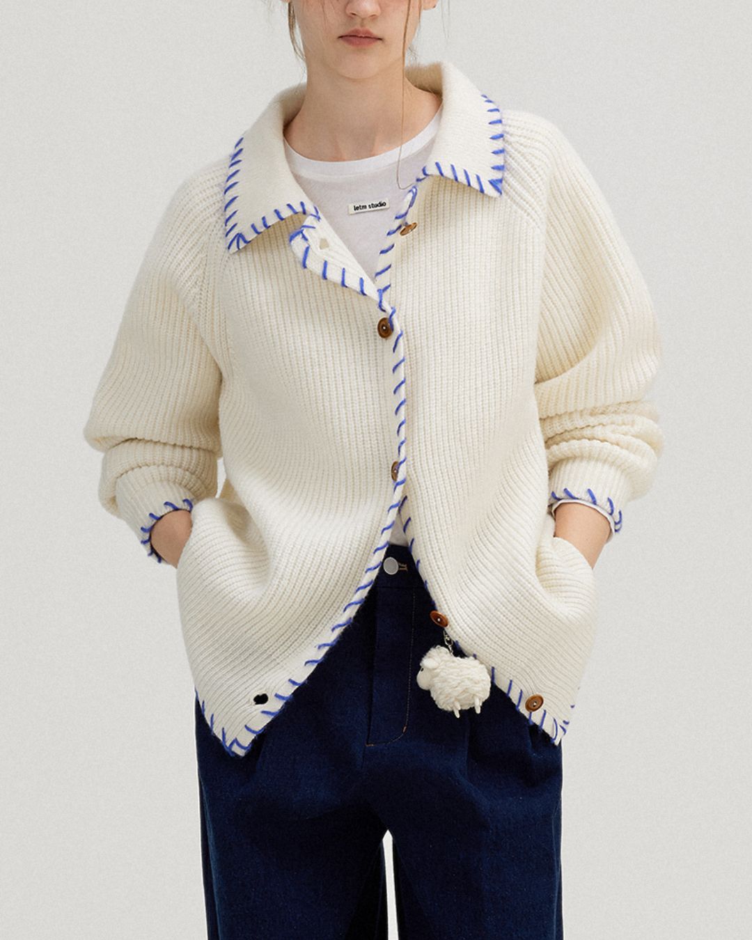 Contrast Stitch Wool Knit Cardigan　KN028