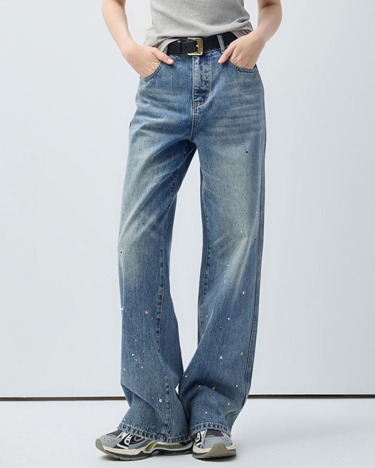 Rainbow Rhinestone Wash Denim Pants　DP014